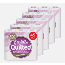 (45 Rolls (5 packs of 9)) Gentille Quilted Toilet Rolls 3ply Luxury Soft Strong Tissue