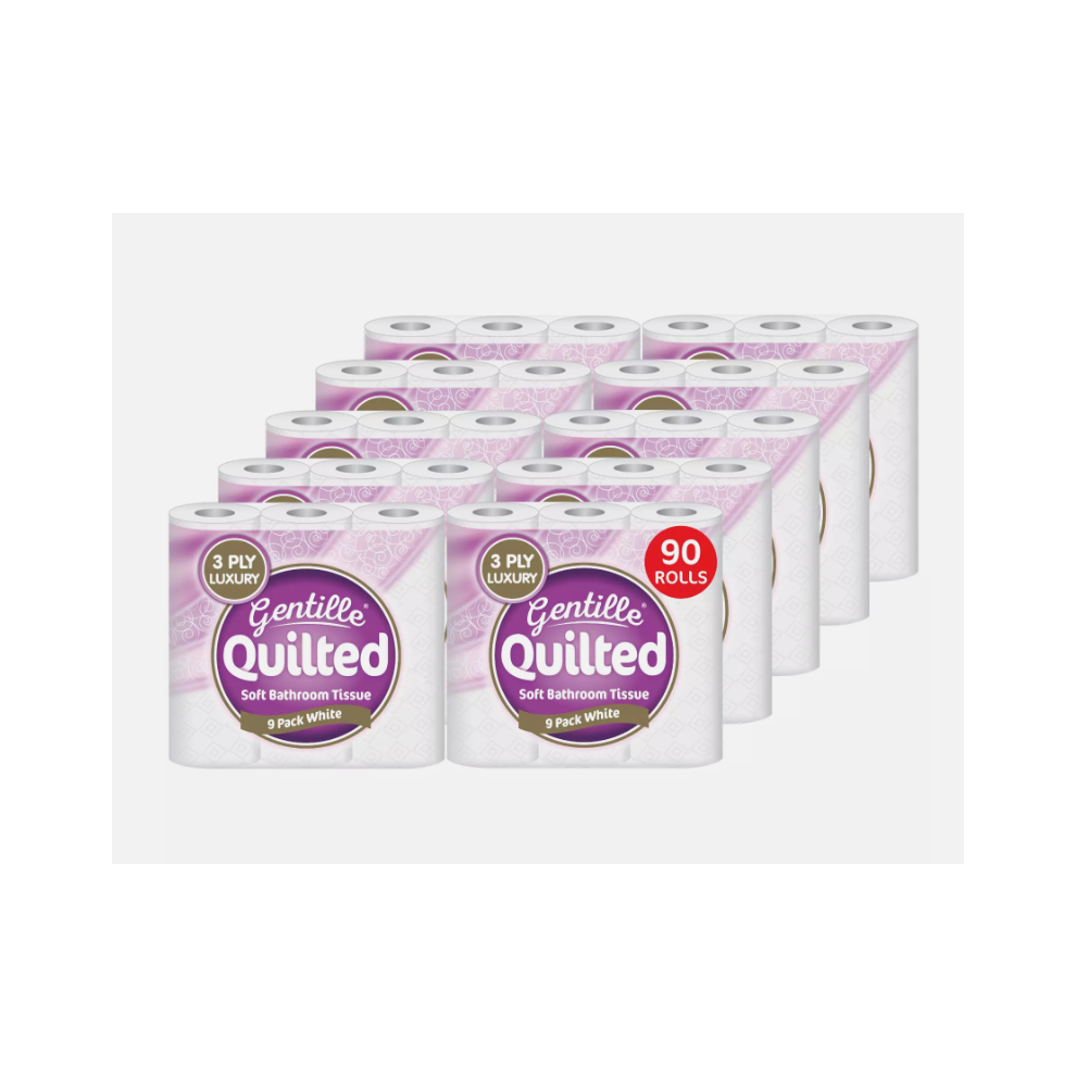 Gentille (90 Rolls ( 10 Packs Of 9)) Quilted Toilet Rolls 3Ply Luxury Soft Strong Tissue