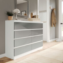 (White Carcass + Grey Drawers) Modern Wide Wooden Chest of 8 Drawers Bedroom Furniture Storage Bedside Cabinet