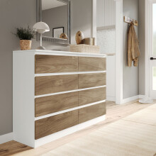 (White Carcass + Oak Drawers) Modern Wide Wooden Chest of 8 Drawers Bedroom Furniture Storage Bedside Cabinet
