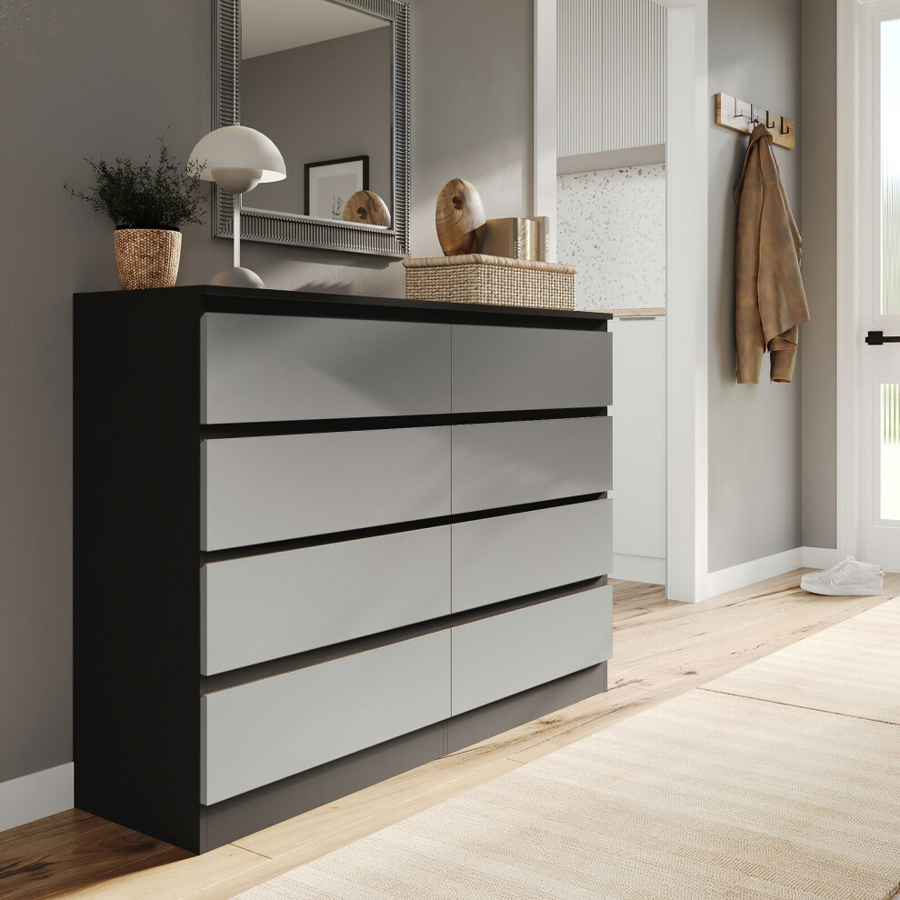 (Black Carcass + Grey Drawers) Modern Wide Wooden Chest of 8 Drawers Bedroom Furniture Storage Bedside Cabinet