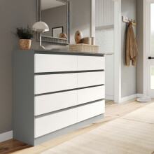 (Grey Carcass + White Drawers) Modern Wide Wooden Chest of 8 Drawers Bedroom Furniture Storage Bedside Cabinet