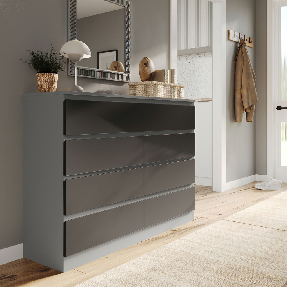 (Grey Carcass + Black Drawers) Modern Wide Wooden Chest Of 8 Drawers Bedroom Furniture Storage Bedside Cabinet