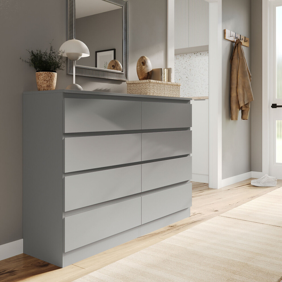 (Grey Carcass + Grey Drawers) Modern Wide Wooden Chest Of 8 Drawers Bedroom Furniture Storage Bedside Cabinet