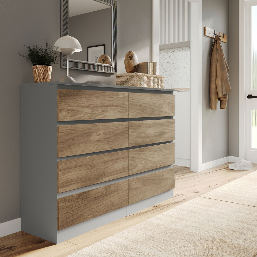 (Grey Carcass + Oak Drawers) Modern Wide Wooden Chest Of 8 Drawers Bedroom Furniture Storage Bedside Cabinet