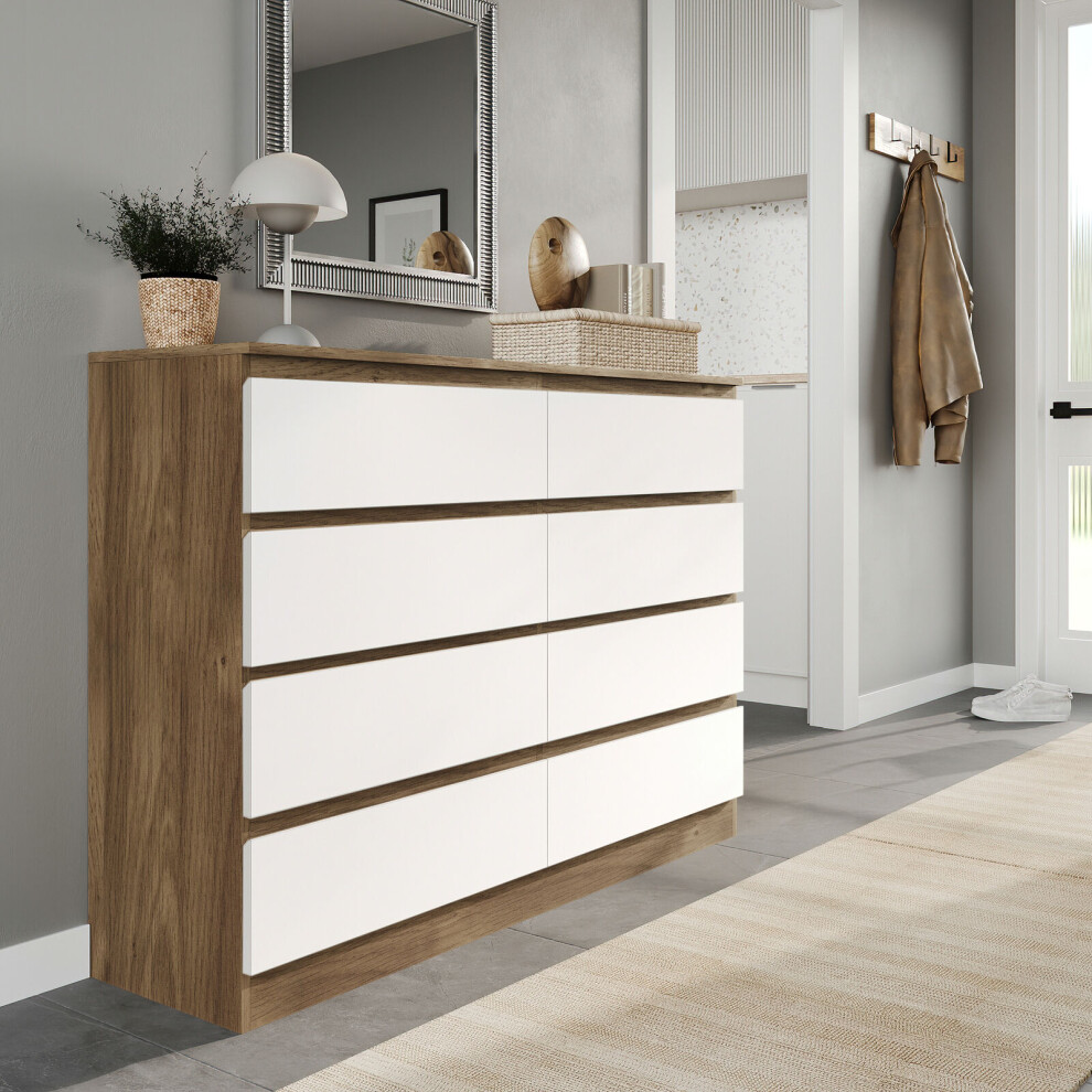 (Oak Carcass + White Drawers) Modern Wide Wooden Chest Of 8 Drawers Bedroom Furniture Storage Bedside Cabinet