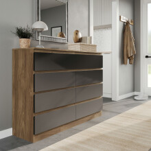 (Oak Carcass + Black Drawers) Modern Wide Wooden Chest of 8 Drawers Bedroom Furniture Storage Bedside Cabinet