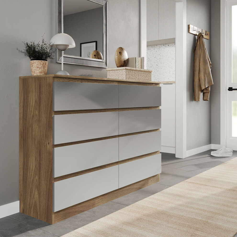 (Oak Carcass + Grey Drawers) Modern Wide Wooden Chest of 8 Drawers Bedroom Furniture Storage Bedside Cabinet