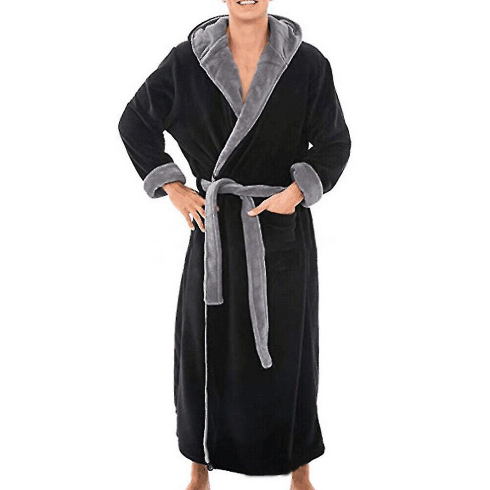 (Black Grey, L) Mens Winter Warm Hooded Coat Bathrobe Towelling Long Dressing Gown