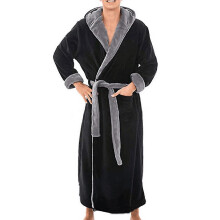 (Black Grey, M) Mens Winter Warm Hooded Coat Bathrobe Towelling Long Dressing Gown