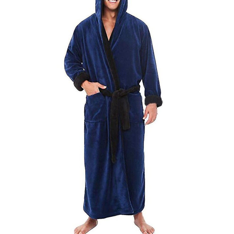 (Dark Blue Black, 4XL) Mens Winter Warm Hooded Coat Bathrobe Towelling Long Dressing Gown