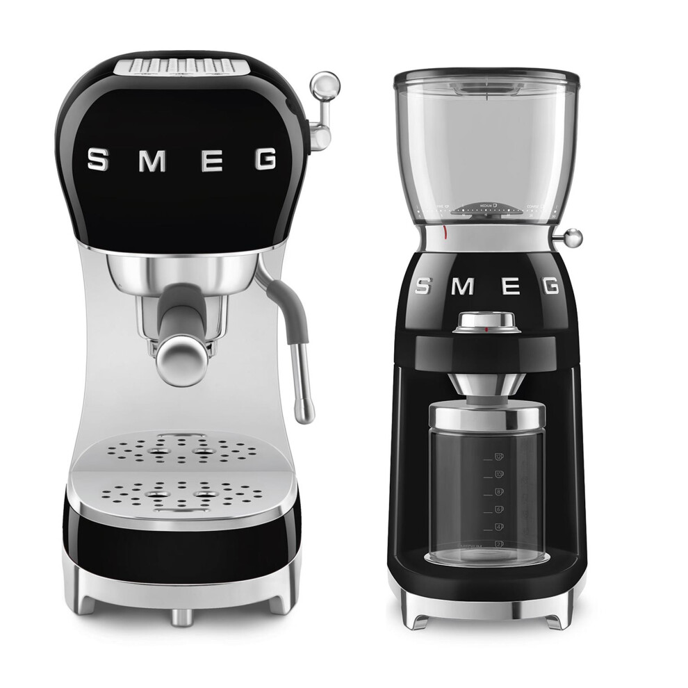 Smeg 50's Style Retro Coffee Range Set, Espresso Coffee Machine with Steam Wand, with Stainless Steel Grinders, Black, ECF02BLUK and CGF11BLUK