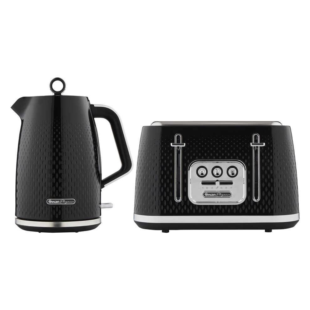 Swan Elegance Kitchen Set, 1.7L Kettle & 4 Slice Toaster, Black, SK14016BLK & ST19025BLK