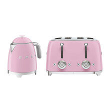 Smeg 50's Style Retro Range Breakfast Set, 0.8L 1400W Mini Kettle & Multi-Functional Control 4-Slice 2000W Toaster, Pastel Pink, KLF05PKUK/TSF03PKUK