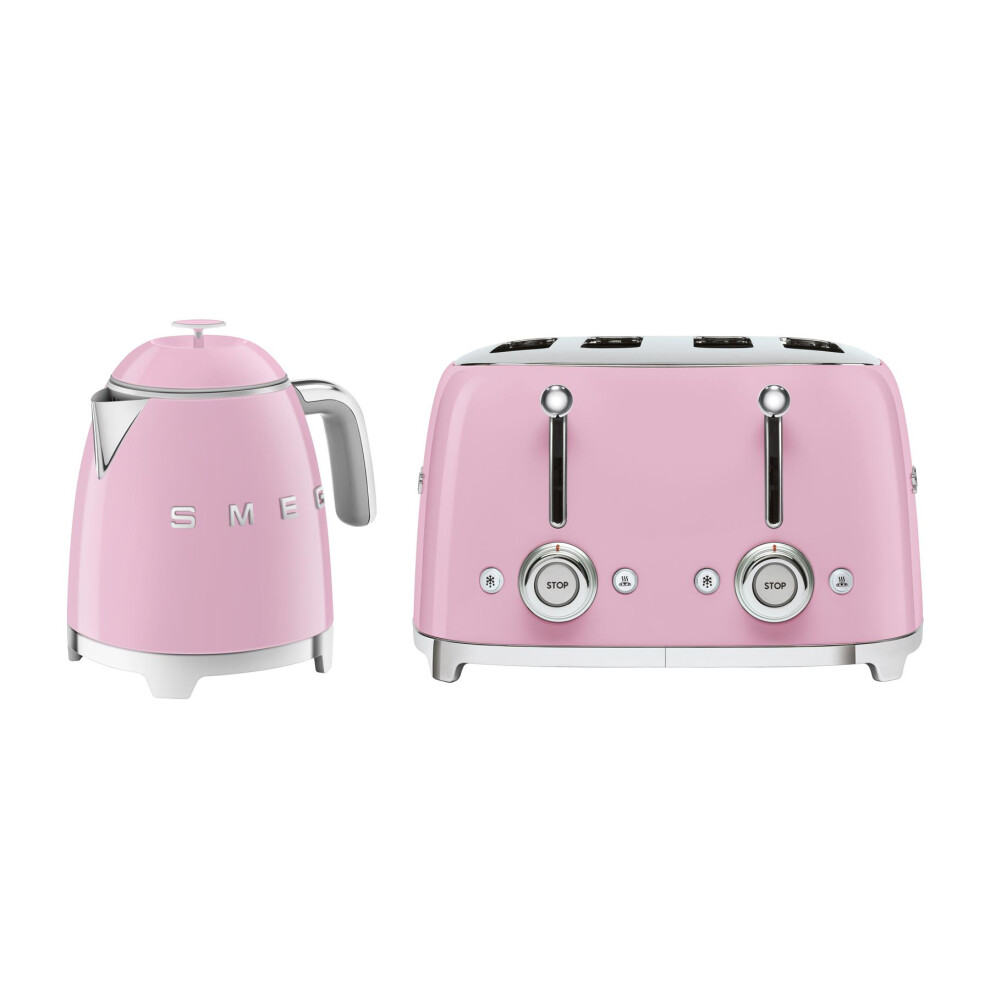 Smeg 50's Style Retro Range Breakfast Set, 0.8L 1400W Mini Kettle & Multi-Functional Control 4-Slice 2000W Toaster, Pastel Pink, KLF05PKUK/TSF03PKUK