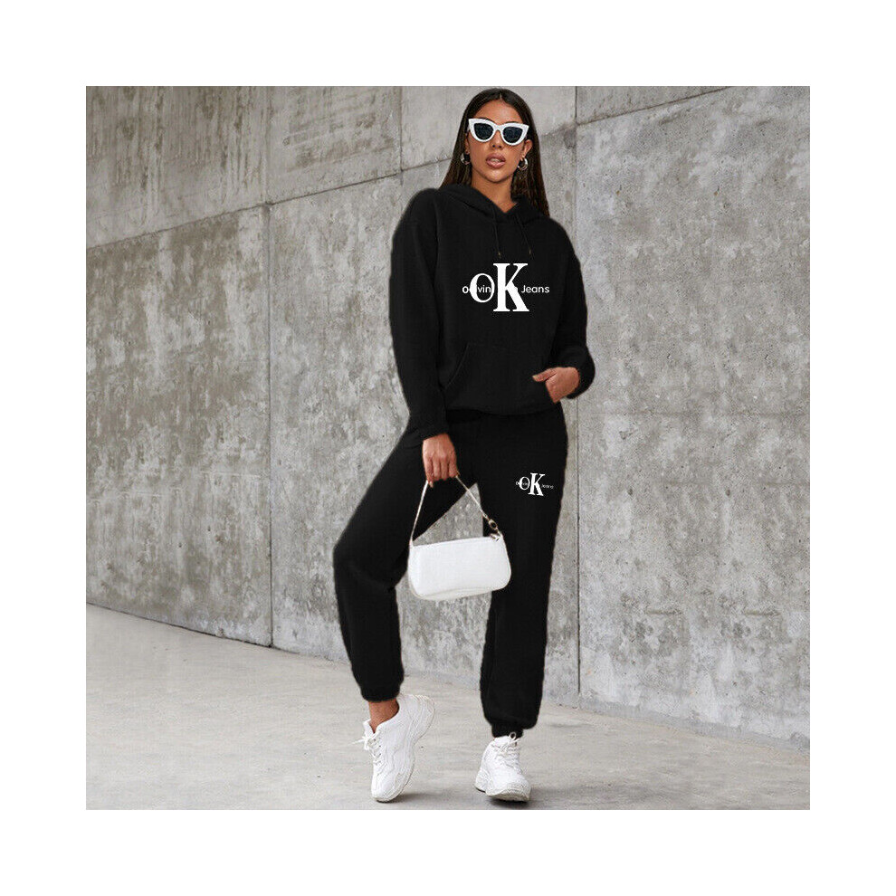 (Black, L) Tracksuit Set Womens Letter Print Hoodies Tops Joggers Sport Outfit */ OK