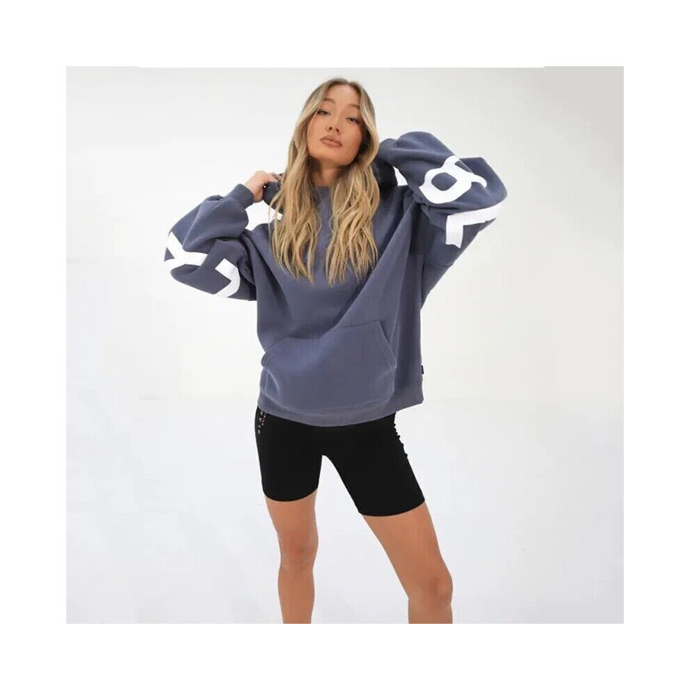 (Sea Blue, L = UK/AU 12 = EU 38) Letter Oversized Hoodies Womens Long Sleeve Sweatshirt Hooded Jumper BaggyTops