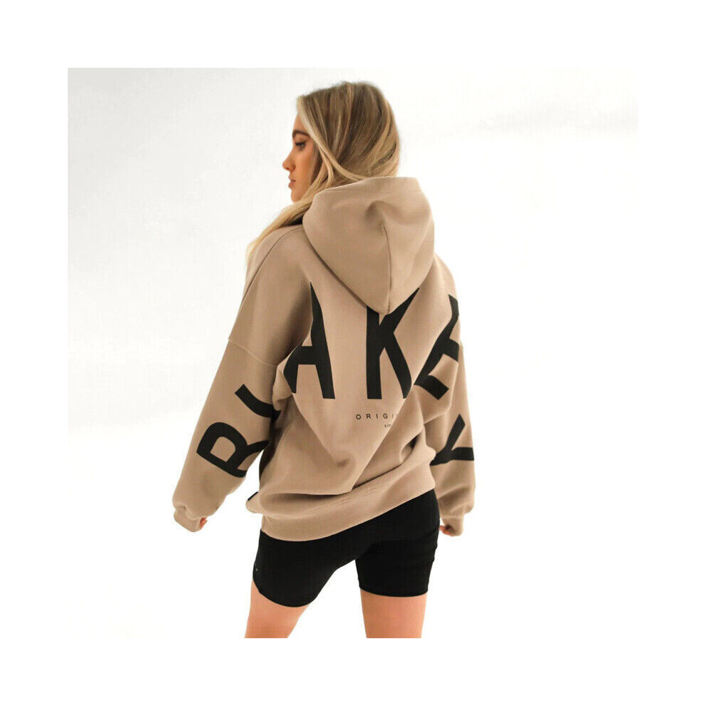 (Khaki, XL = UK/AU 14 = EU 40) Letter Oversized Hoodies Womens Long Sleeve Sweatshirt Hooded Jumper BaggyTops