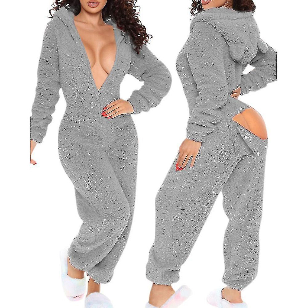 (grey, m) Onesie Pajamas Long Warm Brushed Bodysuit
