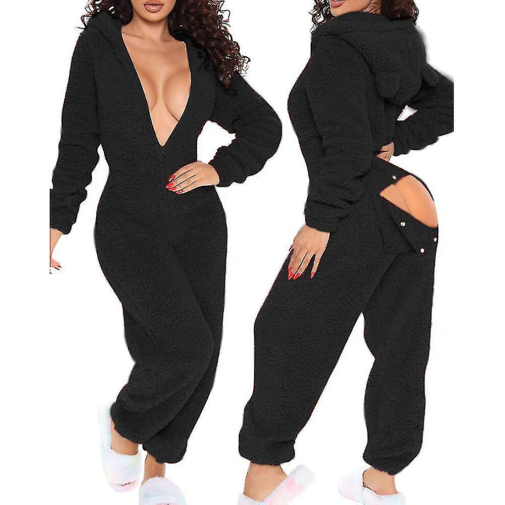 (black, l) Onesie Pajamas Long Warm Brushed Bodysuit