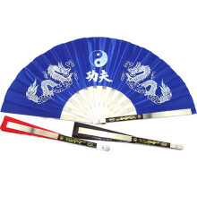 (blue tai chi fan) Chinese Kung Fu Fan Wushu Dragon Stainless Steel Frame Tai Chi Martial Arts Dance Practice Performance