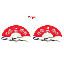 (2pcs red fan) Chinese Kung Fu Fan Wushu Dragon Stainless Steel Frame Tai Chi Martial Arts Dance Practice Performance