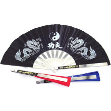 (black tai chi fan) Chinese Kung Fu Fan Wushu Dragon Stainless Steel Frame Tai Chi Martial Arts Dance Practice Performance