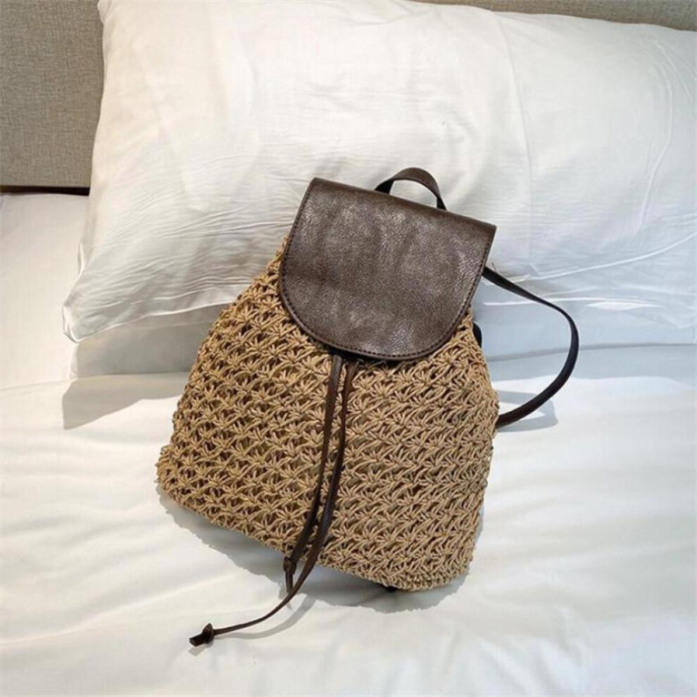(brown, 33cm*16cm*30cm) Summer Backpack Women Rattan Straw Bag Casual Hollow Out Ladies Woven Beach Bag Backpacks Female Drawstring