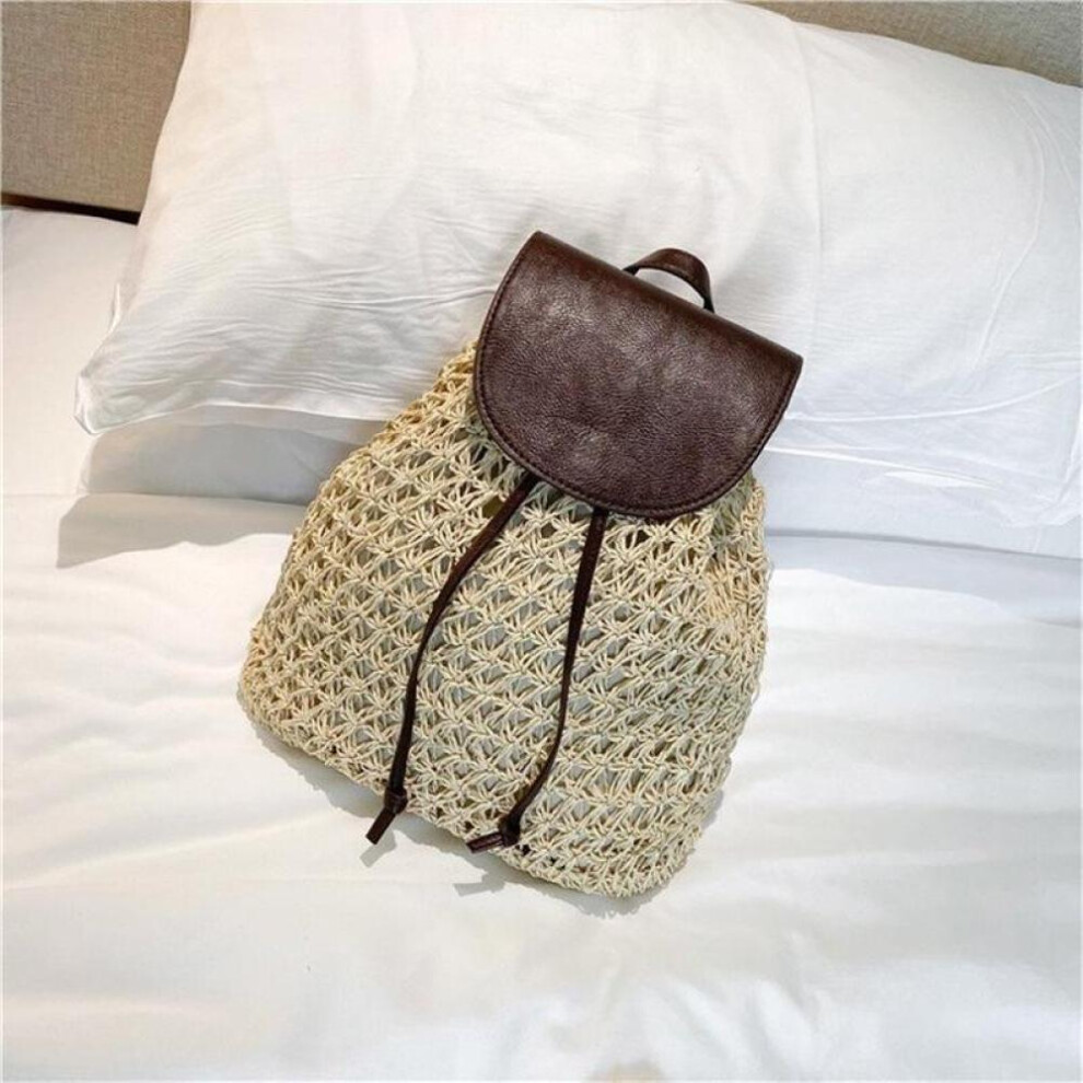 (beige, 33cm*16cm*30cm) Summer Backpack Women Rattan Straw Bag Casual Hollow Out Ladies Woven Beach Bag Backpacks Female Drawstring