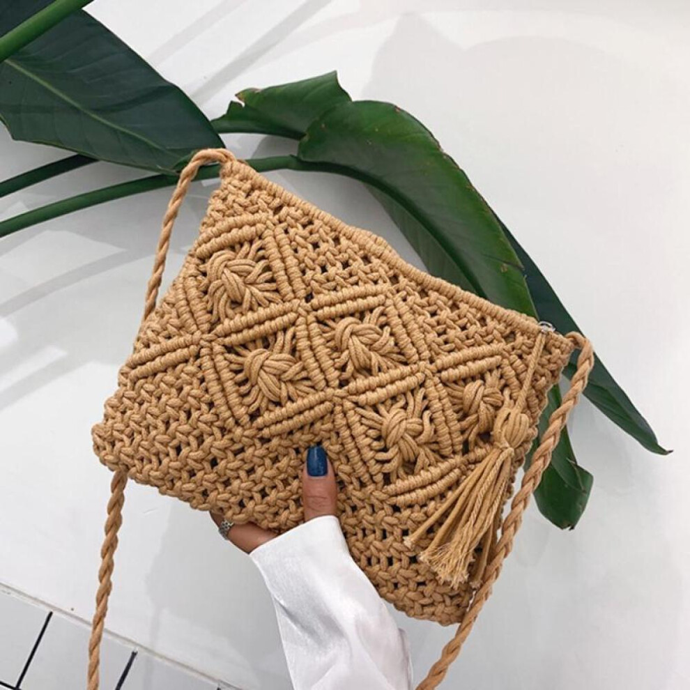 (khaki, 35*2*20cm) Yogodlns Fashion Woven Shoulder Bags Straw Summer Women Weave Crossbody Beach Travel Handbag Female Bag Women Messenger Bags Bolsa