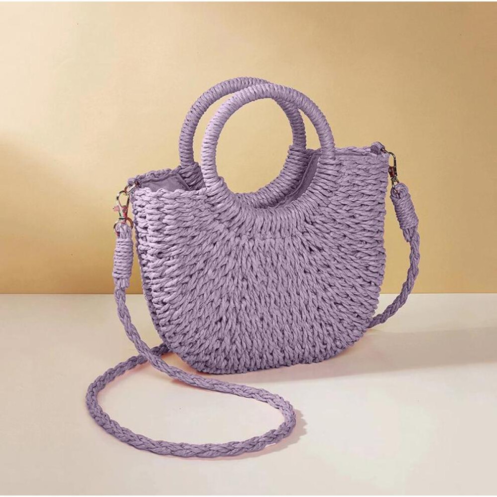 (purple, 24*9*18cm) Yogodlns Straw Bag Women Hand-woven Handbag Moon Shape Lace Bow Rattan Bag Big Capacity Drawstring Casual Beach Shoulder Crossbody Bag