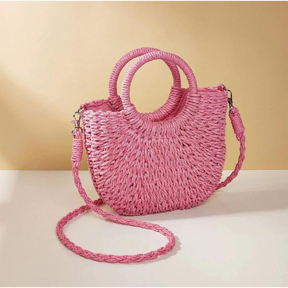 (pink, 24*9*18cm) Yogodlns Straw Bag Women Hand-woven Handbag Moon Shape Lace Bow Rattan Bag Big Capacity Drawstring Casual Beach Shoulder Crossbody Bag