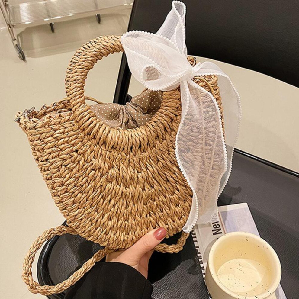 (khaki, 24*9*18cm) Yogodlns Straw Bag Women Hand-woven Handbag Moon Shape Lace Bow Rattan Bag Big Capacity Drawstring Casual Beach Shoulder Crossbody Bag