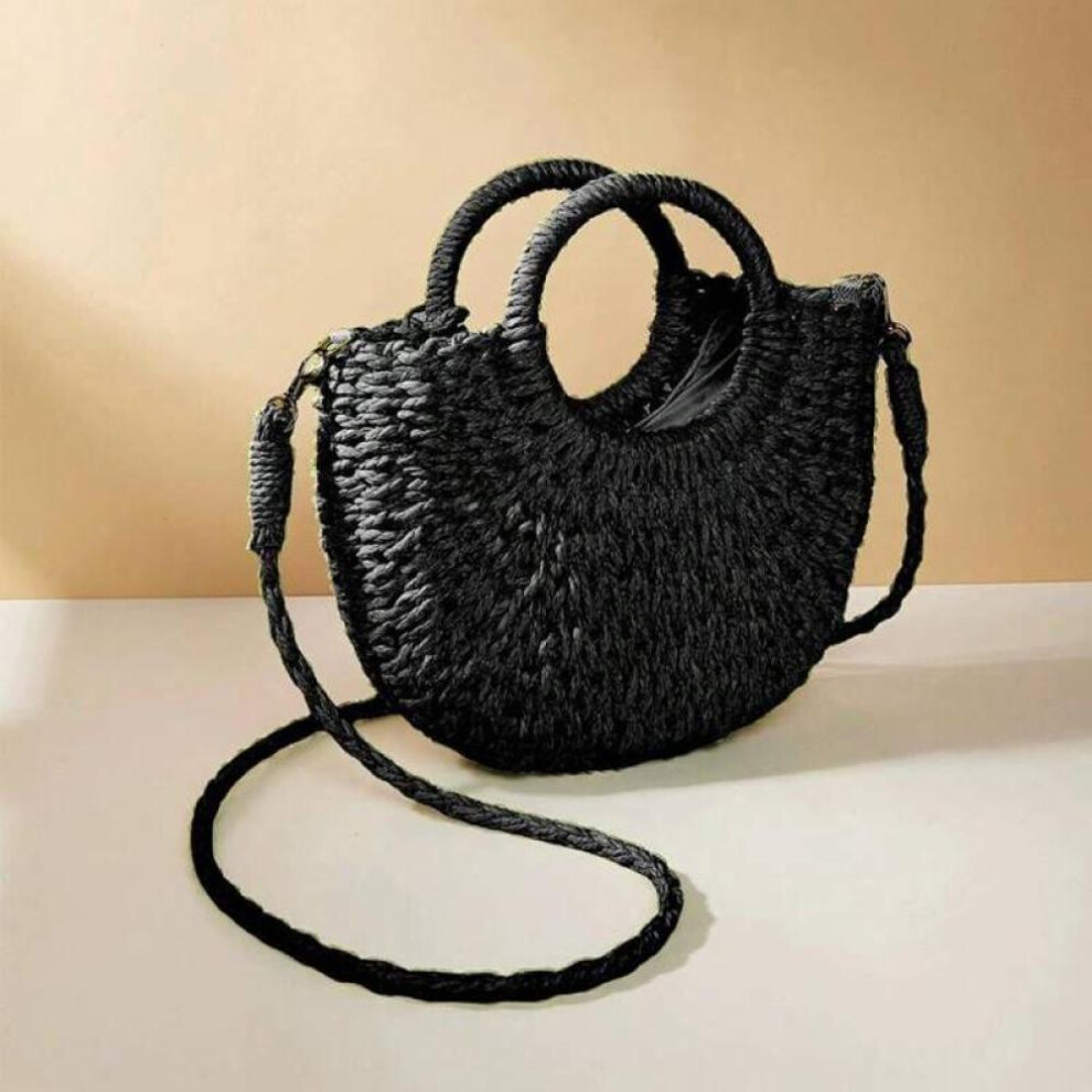 (black, 24*9*18cm) Yogodlns Straw Bag Women Hand-Woven Handbag Moon Shape Lace Bow Rattan Bag Big Capacity Drawstring Casual Beach Shoulder Crossbody Bag