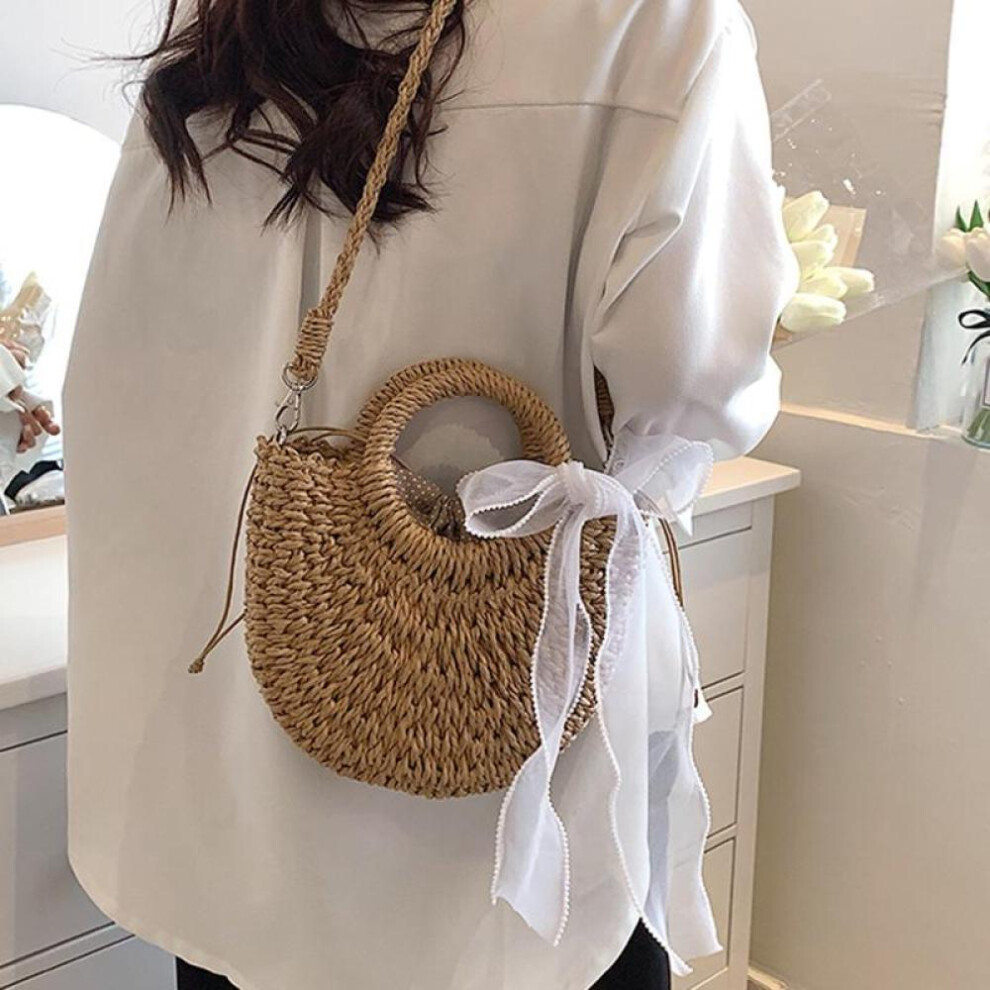 (khaki, 24*9*18cm) Handmade Half-round Rattan Woven Straw Bag Summer Women Top Handle Handbags Totes Girls Beach Handbag Spring Picnic Bohemian Bag