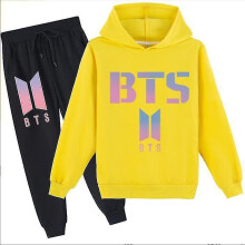 (yellow, 100cm) Bts Middle And Big Children Cartoon Printing Casual Hoodie Sweater Trousers Suit Z