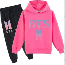 (rose red, 150cm) Bts Middle And Big Children Cartoon Printing Casual Hoodie Sweater Trousers Suit Z