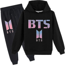 (black, 170cm) Bts Middle And Big Children Cartoon Printing Casual Hoodie Sweater Trousers Suit Z