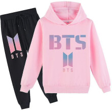 (pink, 120cm) Bts Middle And Big Children Cartoon Printing Casual Hoodie Sweater Trousers Suit Z