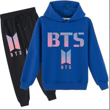 (blue, 160cm) Bts Middle And Big Children Cartoon Printing Casual Hoodie Sweater Trousers Suit Z