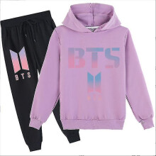 (purple, 140cm) Bts Middle And Big Children Cartoon Printing Casual Hoodie Sweater Trousers Suit Z