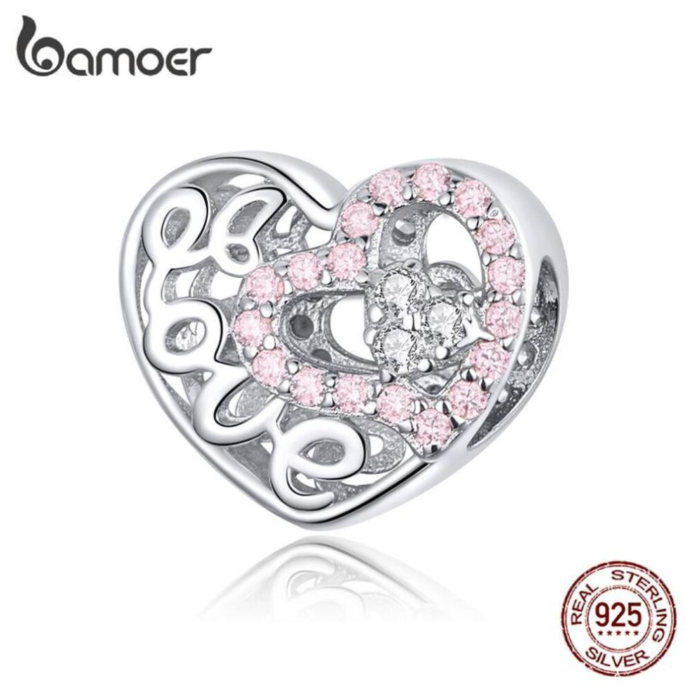 (LCC6306) Bamoer Heart Shape Charm Fit Original Silver 925 Bracelet Pink Cz Heart In Heart Love Openwork Beads