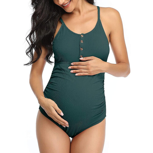 (S) Maternity Swimsuit One Piece Bathing Suit Button Neck Cross Back