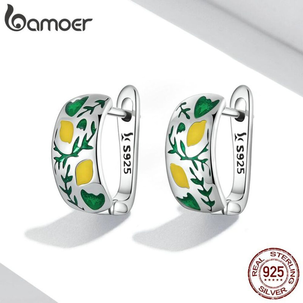 (925 silver) Bamoer 925 Sterling Silver Lemon & Leaf Ear Buckles Earrings For Women Delicate Jewelry Gift