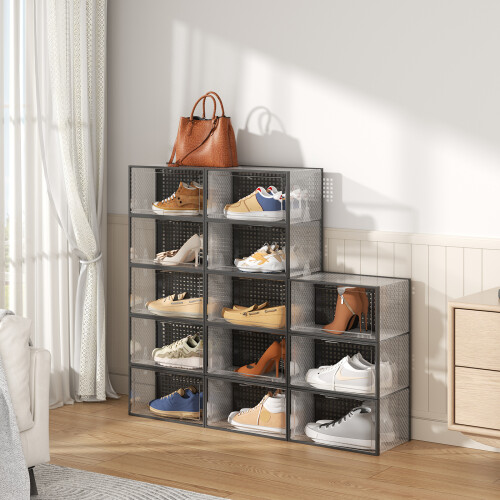 Living And Home 12-Pack Clear Plastic Stackable Shoe Boxes - Transparent, Foldable, Adjustable, Freestanding with Mesh Airflow 1