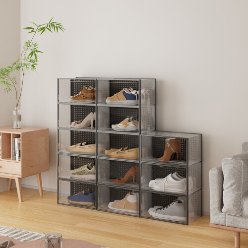 Living And Home 12-Pack Clear Plastic Stackable Shoe Boxes - Transparent, Foldable, Adjustable, Freestanding with Mesh Airflow