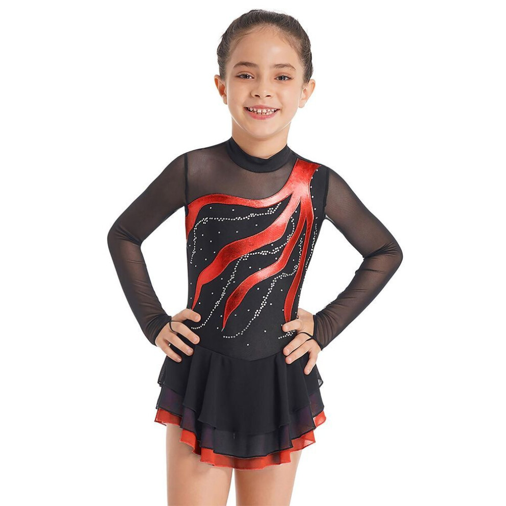(red, 7-8 Years) Figure Ice Skating Long Sleeve Dress Child Girls Gymnastics Ballroom Dance Costume Training Clothing