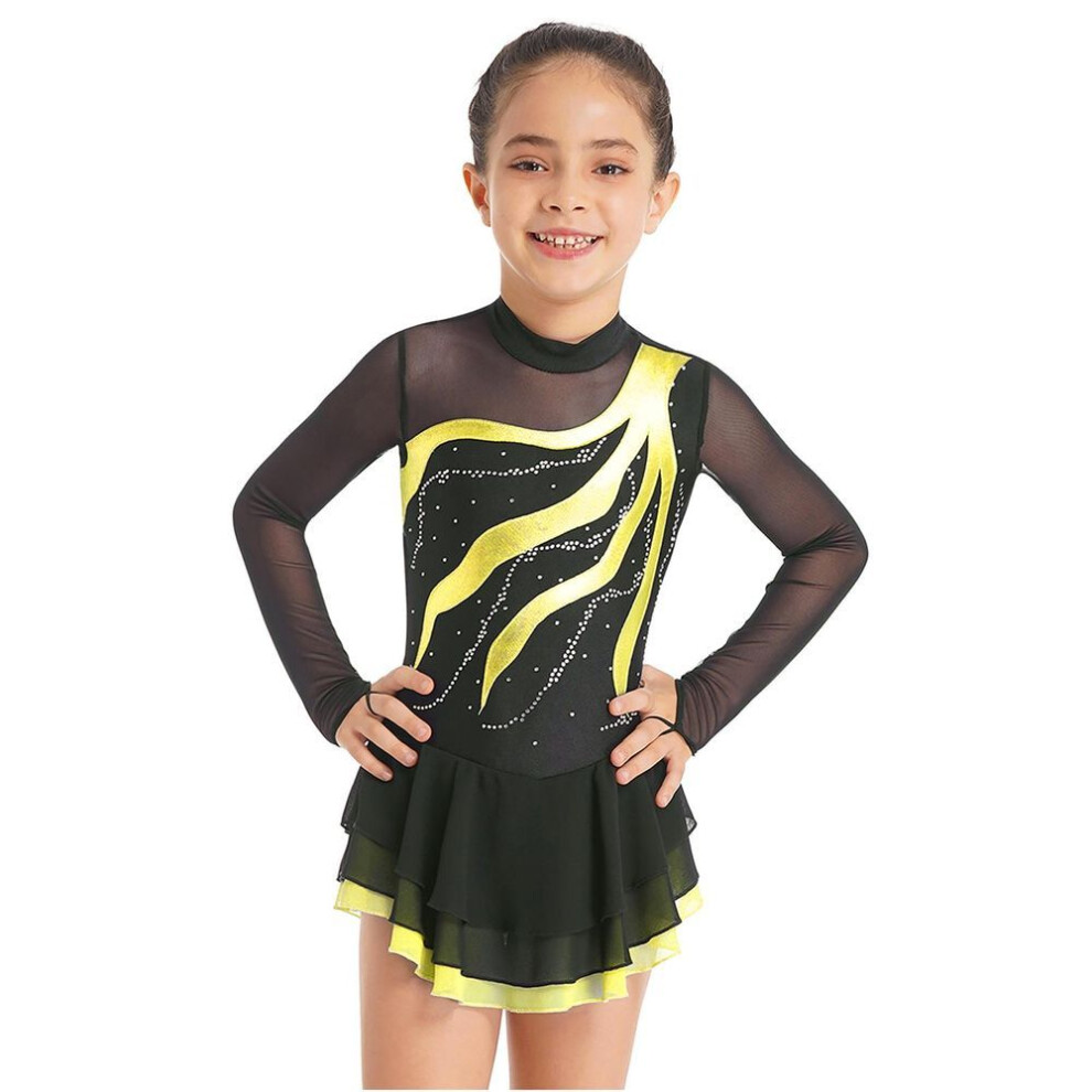 (yellow, 9-10 Years) Figure Ice Skating Long Sleeve Dress Child Girls Gymnastics Ballroom Dance Costume Training Clothing