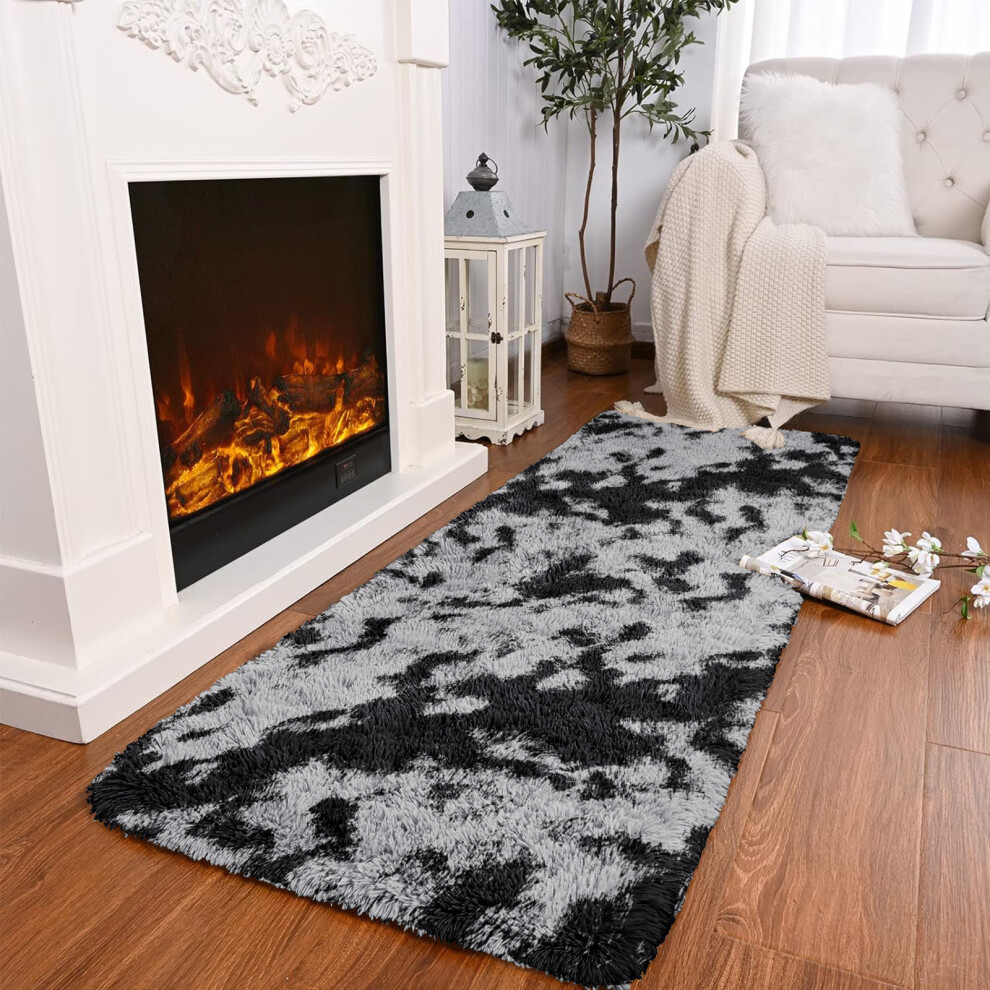 (60cm x 220cm (2ft x 7ft 7in)- Floor Runner Rug, Black Grey/Tie-Dye Grey) Non Slip Grey Rugs Floor Area Carpet Runner Mat UK