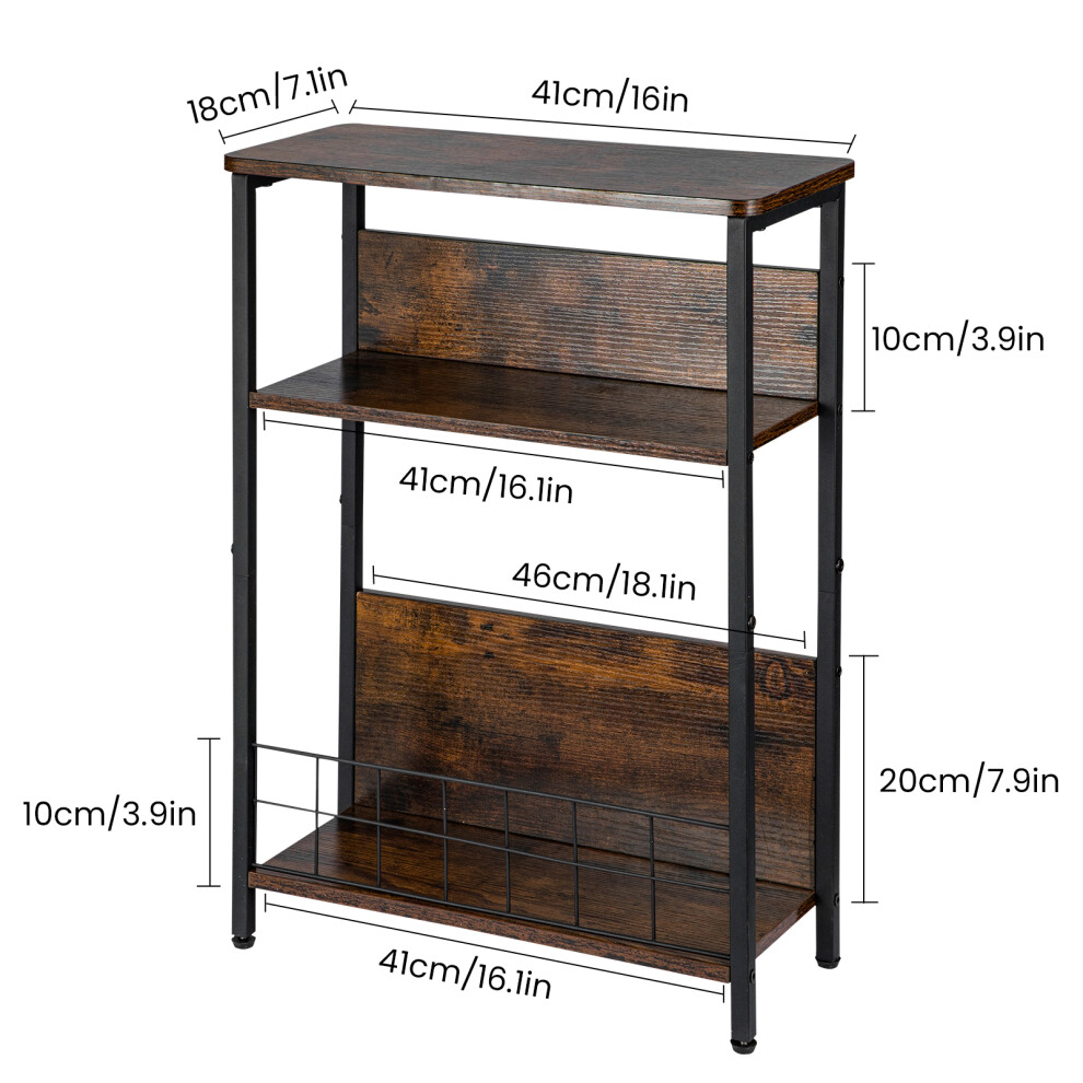 (Brown) Vintage Slim Side Table 3-Tier Modern Nightstand